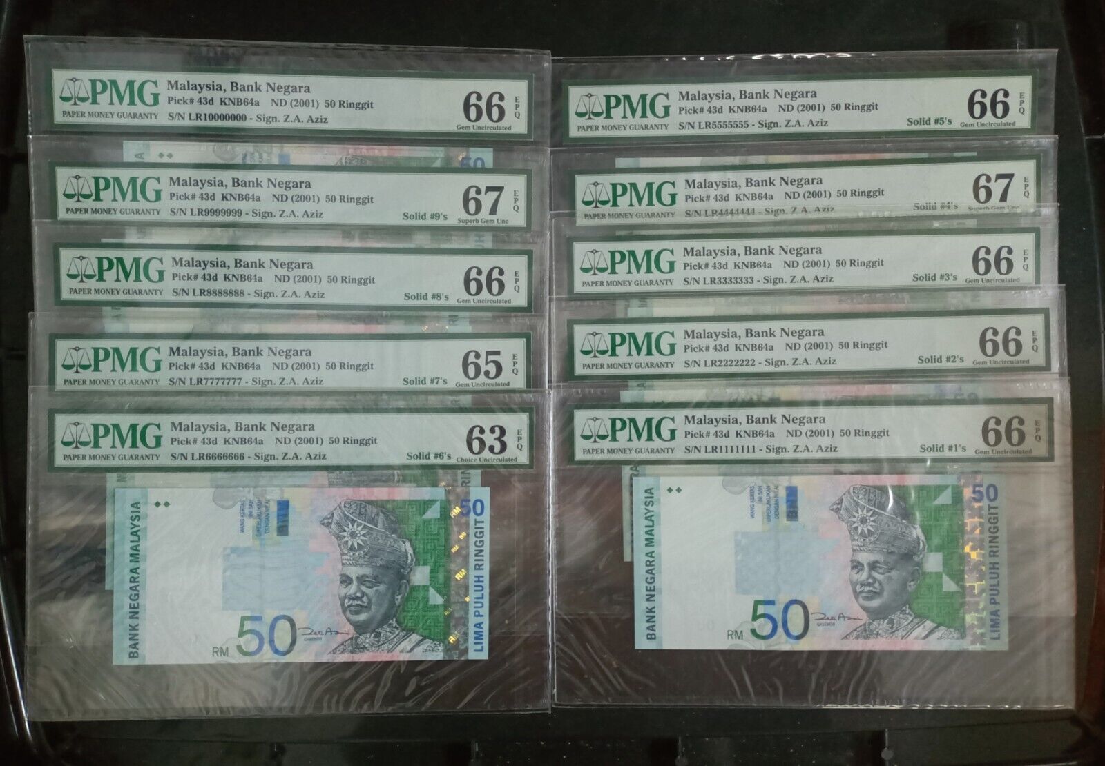 Malaysia Banknote Solid No Lr1111111~10000000,rm50 2001 Pmg 63~67epq Same Prefix