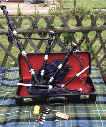 Great Highland Rosewood Bagpipe Full Silver Amounts With Hard Case +tutor Book