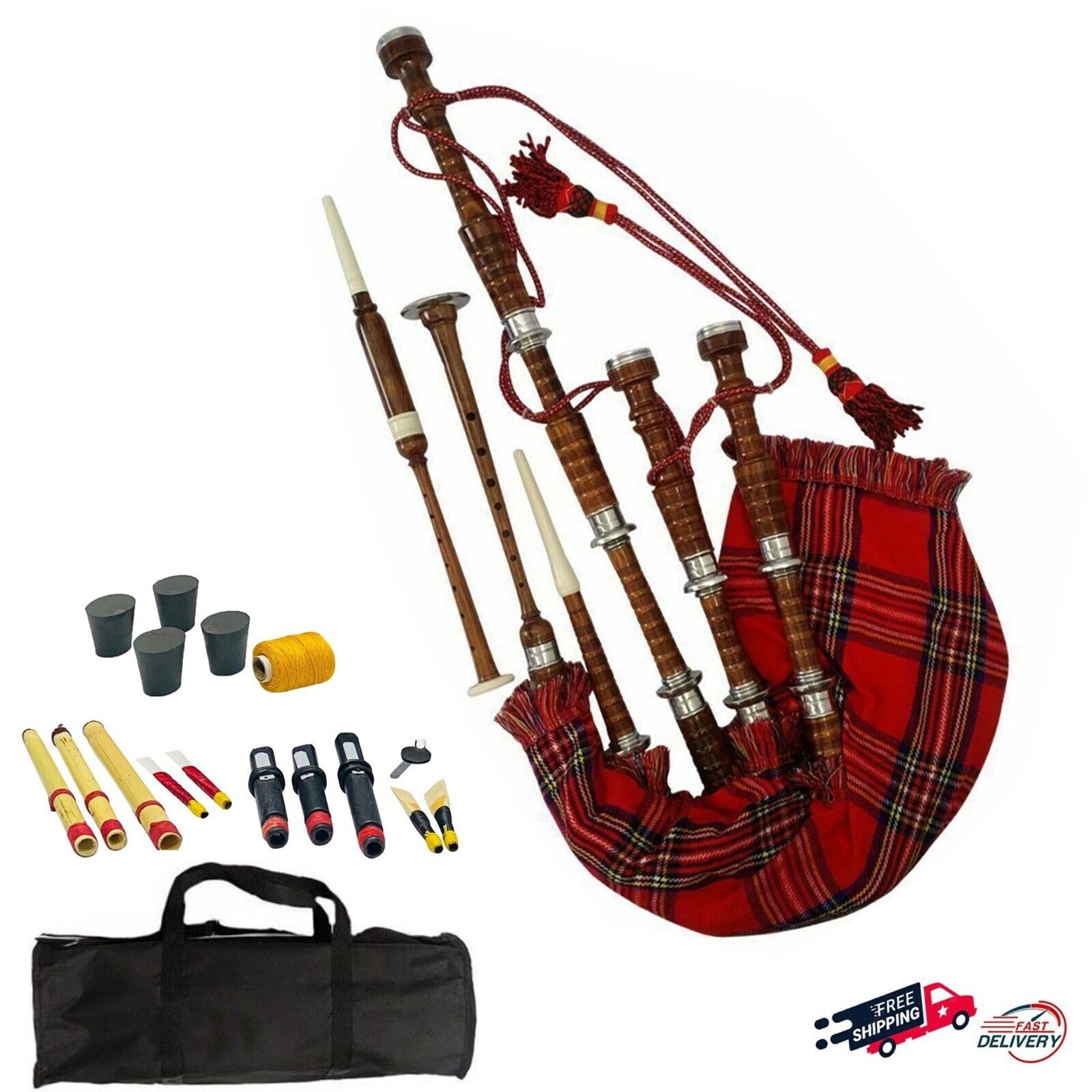 Scottish Great Highland Bagpipes Natural Finish Full Silver Mounts Tutorbook+bag