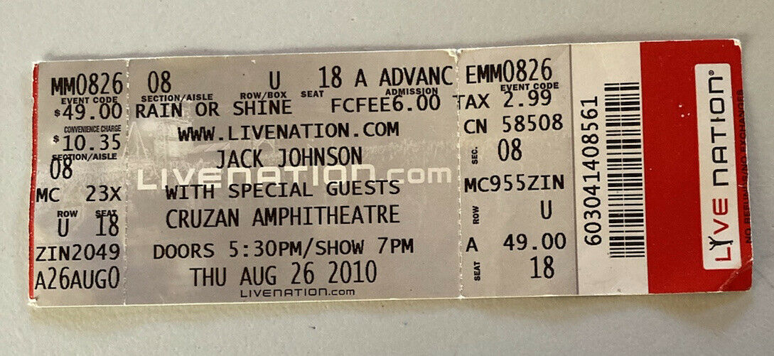 Jack Johnson Rare Concert Ticket Stub West Palm Beach, Fl 08/26/2010