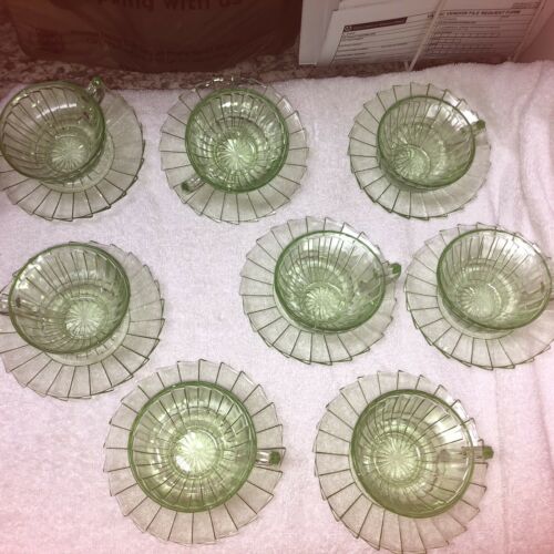 Uranium Glass, Jeannette Green Sierra "pinwheel" Cup And Saucer Sets.  8 Avail.