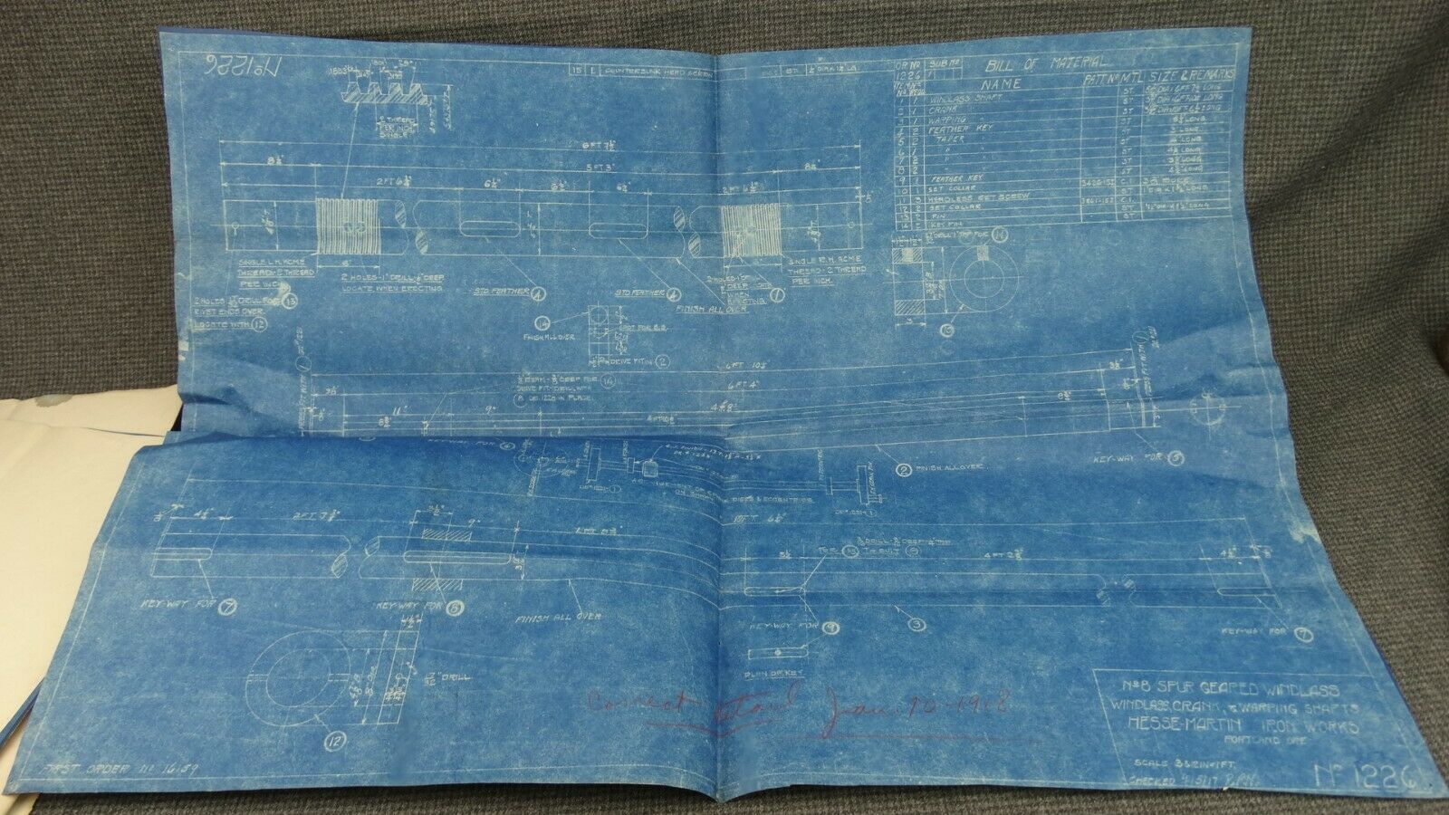 Dwg No. 1226 "no. 8 Spur Geared Windlass" 1917 Blueprint 19"x27"