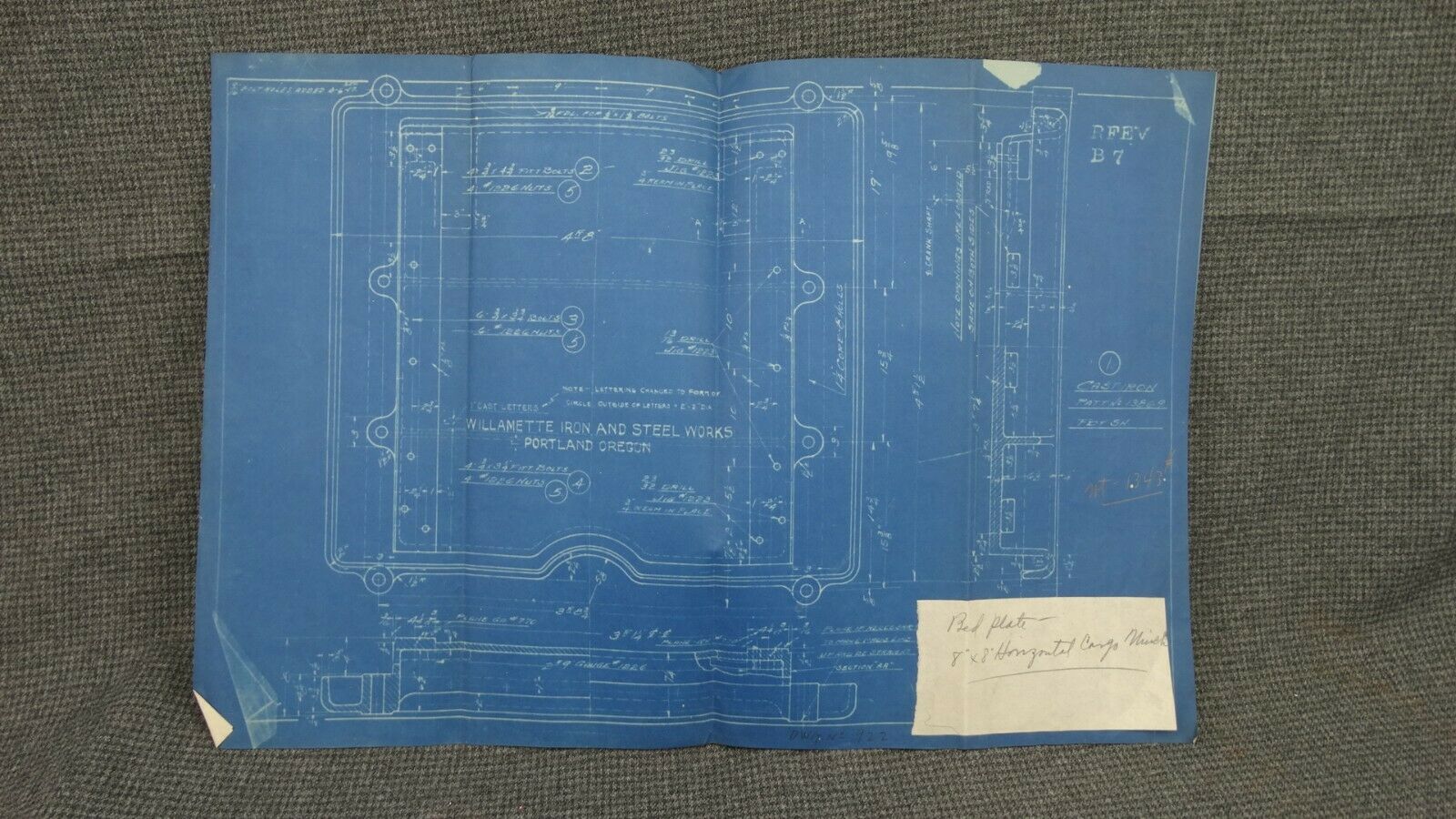 Drawing B7 "bed Plate 8"x8" Horizontal Cargo Winch" 1900s Blueprint 12"x18"