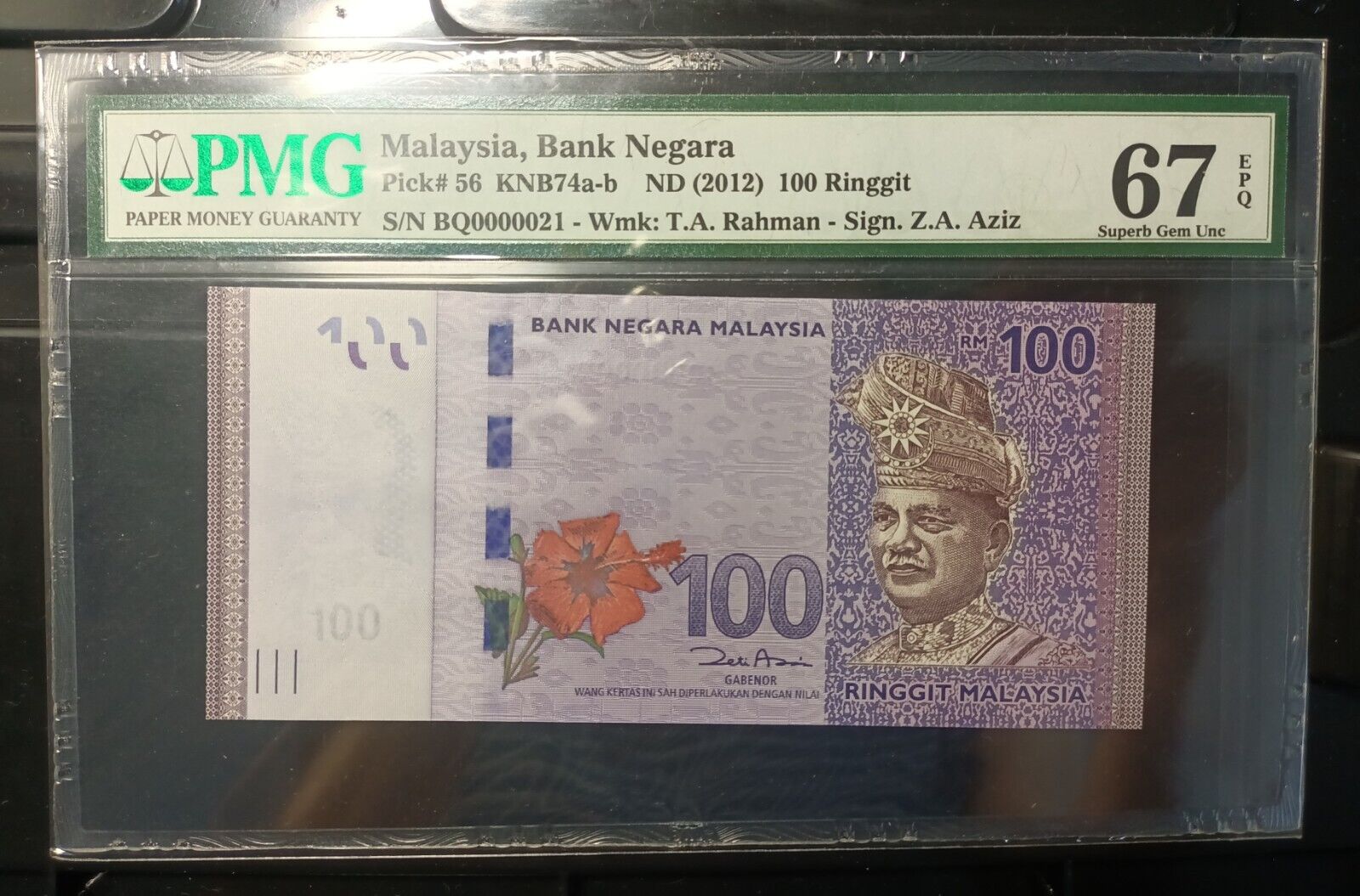 Malaysia Banknote Rm100 Pmg67epq Low Number Bq0000021 Zeti Gabenor