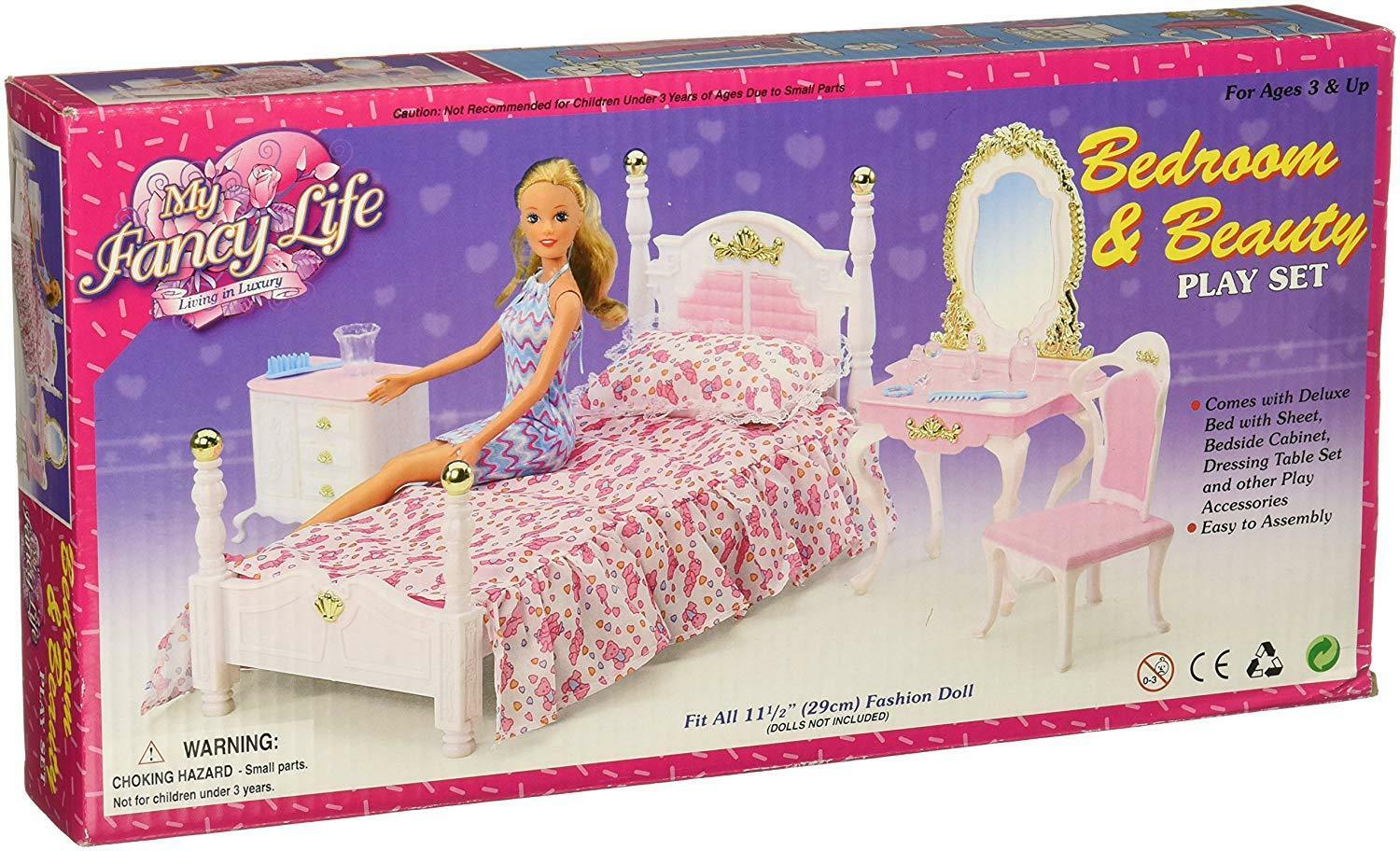 My Fancy Life Barbie Size Dollhouse Furniture Bed Room & Beauty Play Set