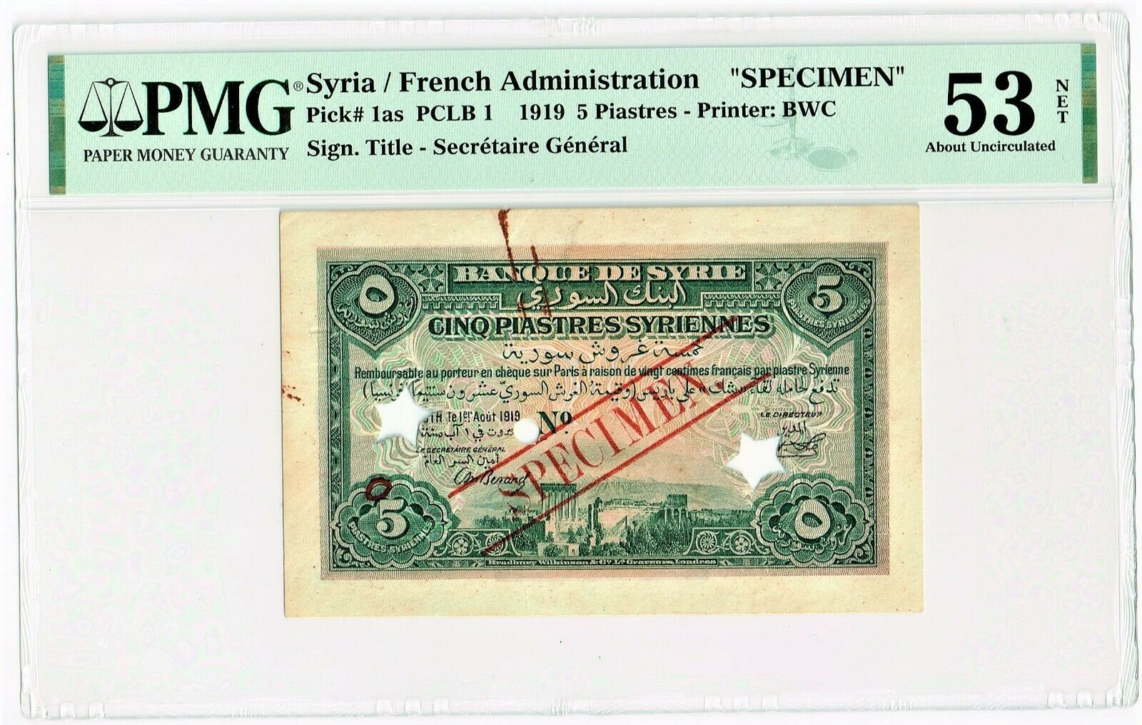 Syria: 5 Piastres 1919 Pick 1as Specimen Pmg About Uncirculated 53 Net.