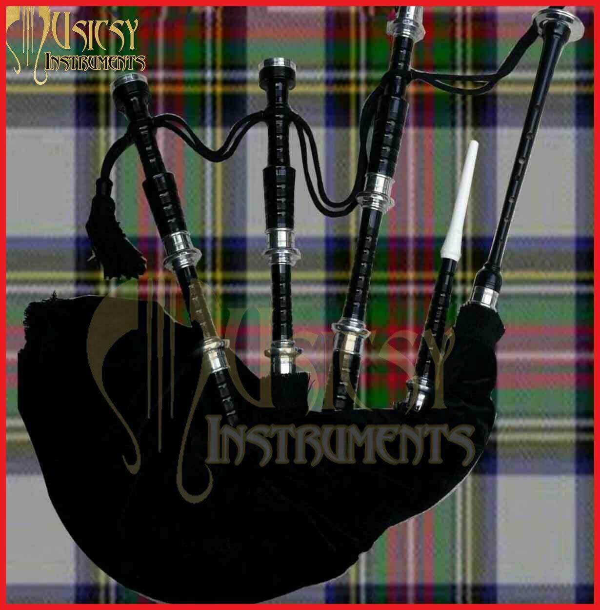 Scottish Highland Bagpipe Full Black Color With Silver Mounts And Free Carry Bag