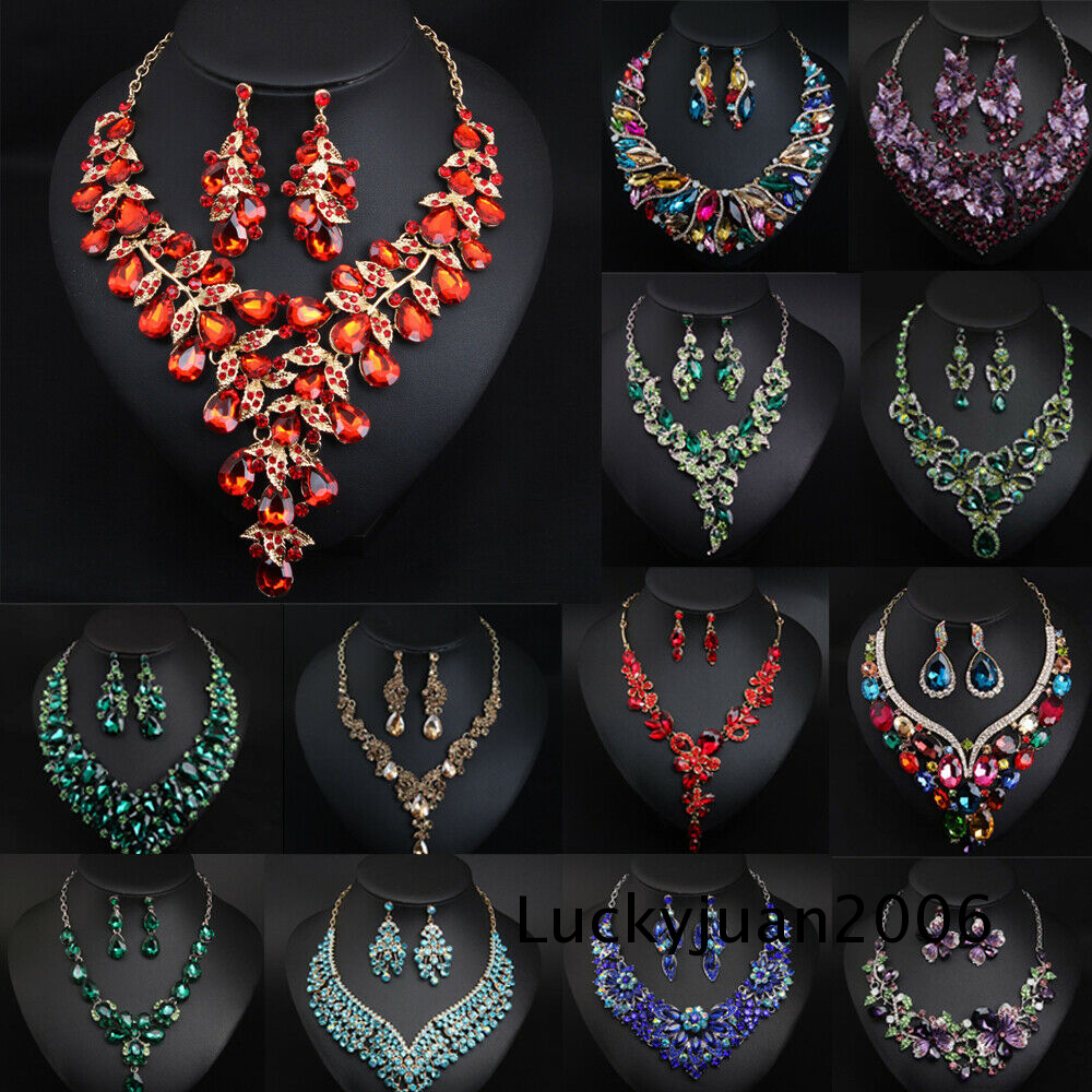 Austrian Crystal Wedding Bridal Floral Necklace Earrings Set Party Jewelry Women