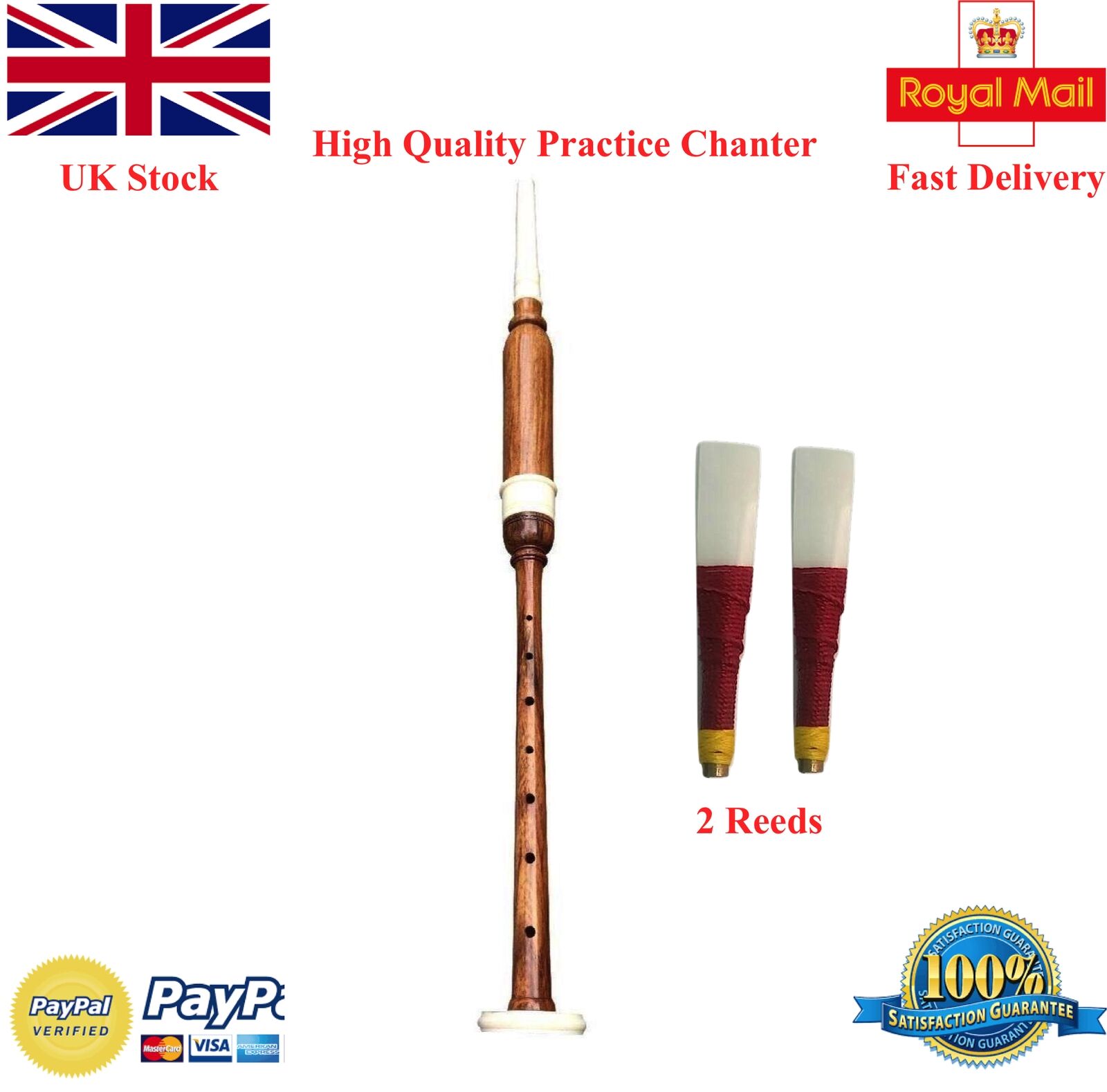Great Highland Bagpipes Practice Chanter Great Brown Imattion Ivory Mount Reeds