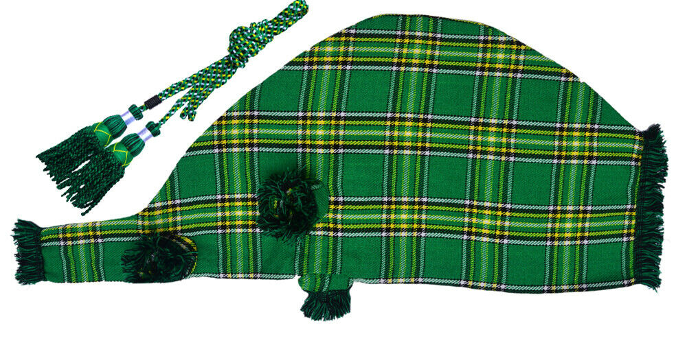Brand New Irish Green Tartan Scottish Highland Bagpipe Cover + Cord Size 30 X12