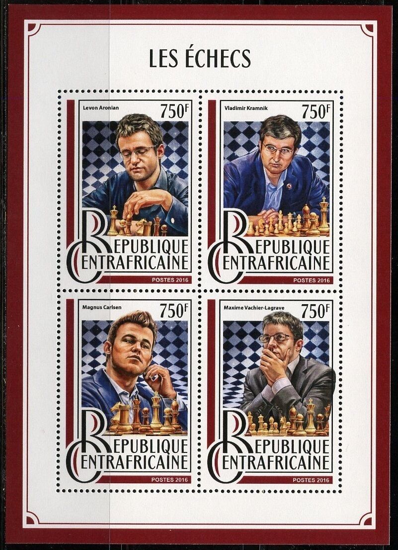 Central Africa  2016 Chess Aronian, Carlsen, Kramnik & Lagrave  Sheet  Mint Nh