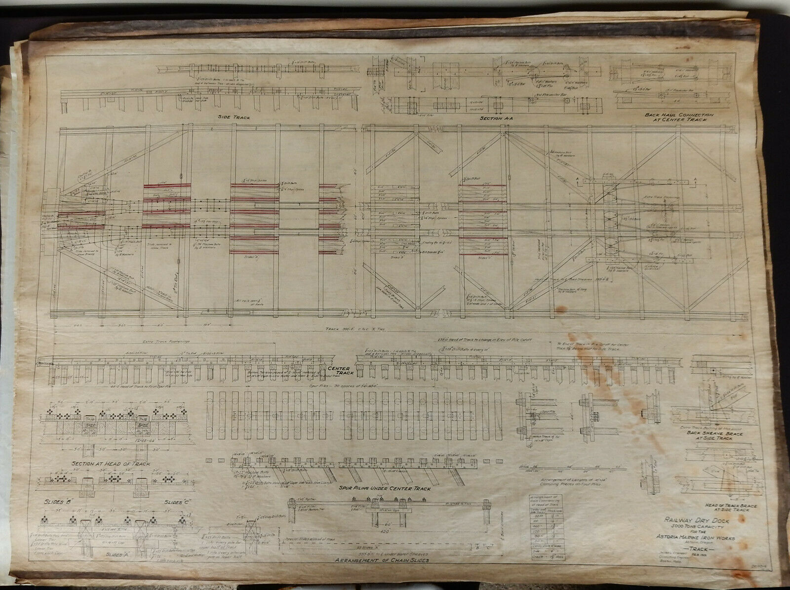 Antique Railway Dry Dock Marine Iron Works Linen Blueprint 1919 Steampunk Track