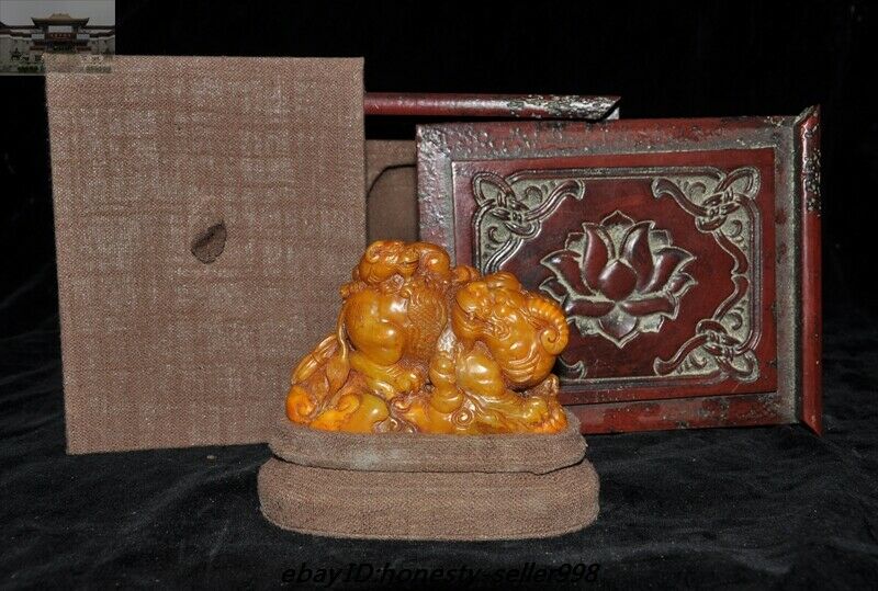 Top Natural Tianhuang Shoushan Stone Carved Beast Seal Stamp Signet Box Set