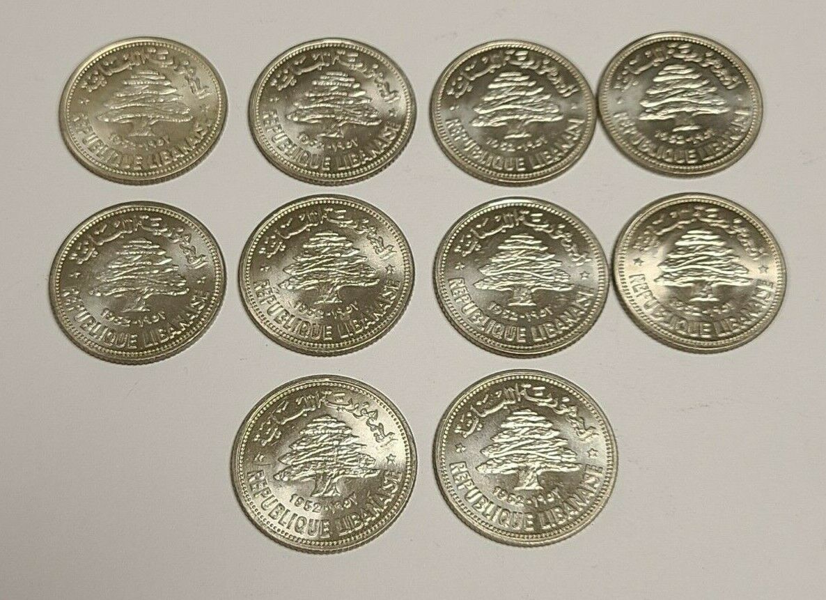 1952 Lebanon Silver 50 Piastres Lot Of 10 High Grade Lustrous Uncirculated Rare!