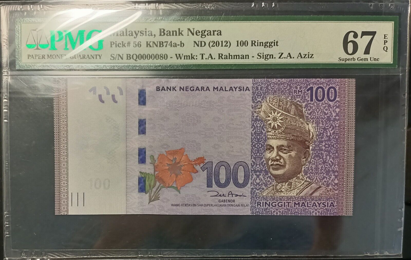 Malaysia Banknote Rm100 Pmg67epq Low Number Bq0000080 Zeti Gabenor