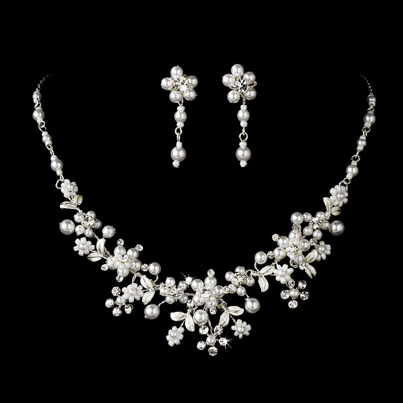 10b Bridal Crystal & Pearl Flower Leaf Vine Necklaceset - Choose White Or Ivory