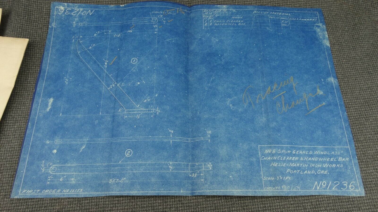 Dwg No. 1236 "no. 8 Spur Geared Windlass" 1917 Blueprint 13"x19"