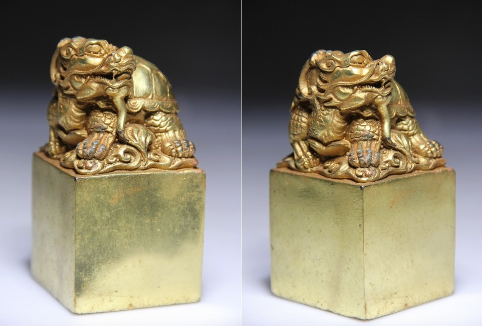 Chinese Bronze Turtle Stamp Statue / 銅金鍍 龍亀樣 篆刻印 / W 5.5 × H 11[cm]  1010g