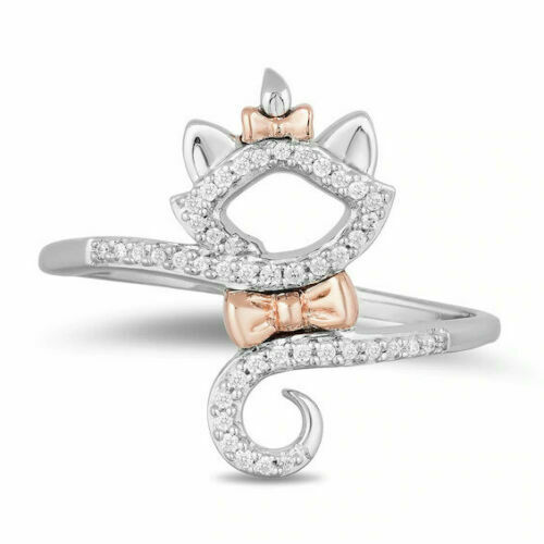 0.10ct White Round Diamond Charming Kitten Cat Ring In Solid 925 Sterling Silver