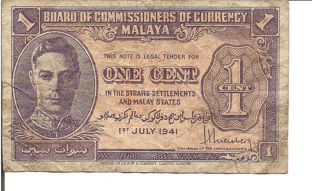 Malaya, 1 Cent, Kgvi, P#6, 1941