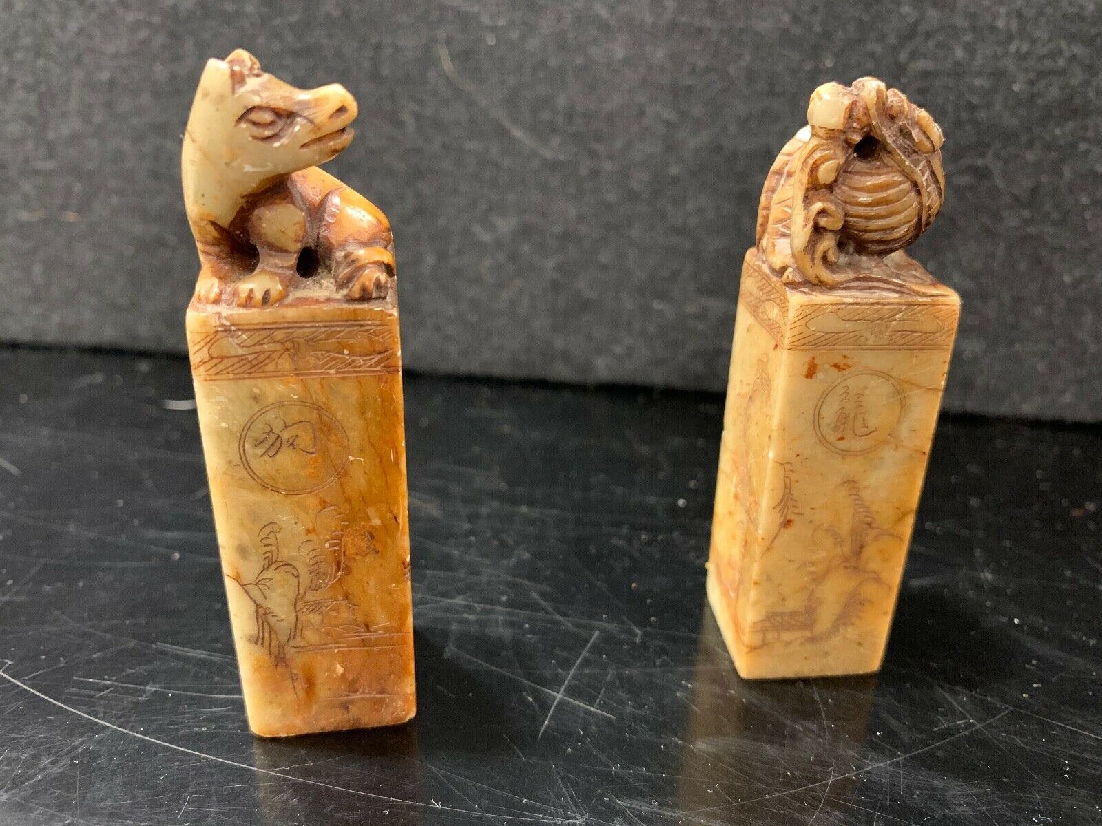 Pair Of Old Chinese Wax Stamps With Animals And Carved Decorations On All Sides!