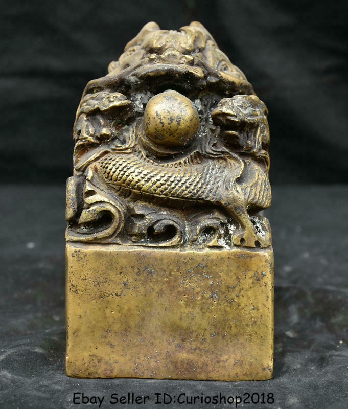 5.2" Old China Bronze Copper Dynasty Dragon Play Bead Imperial Seal Stamp Signet