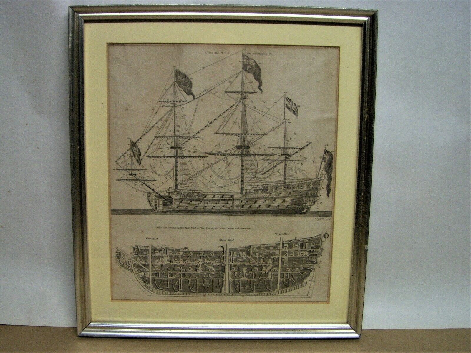 Antique Dictionary Of Arts & Sciences Framed ' First Rate Ship Of War Patent '