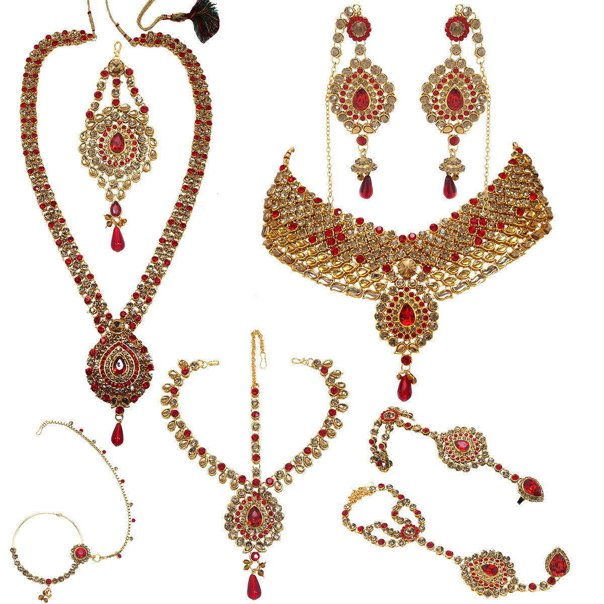 Indian Kundan Bridal Red Non-precious Metal Engagement Combo Jewelry Set